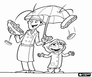 Coloriage La pluie de la nourriture est arriv�e, un homme avec un parapluie et sa fille heureuse avec la pluie de hot-dogs