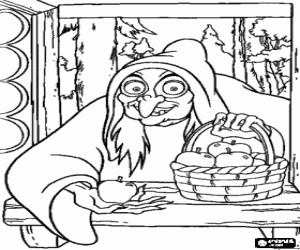 Coloriage La Reine transform� en une sorci�re donne � Blanche-Neige la pomme empoisonn�e