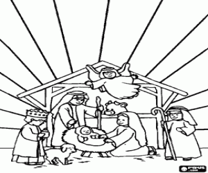 Coloriage La Sainte Famille dans l'�table avec le boeuf et le mulet, un ange de vol, un berger avec un mouton et un roi de leur donner des cadeaux � J�sus