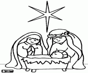 Coloriage La Sainte Famille, J�sus, Marie et Joseph, avec l'�toile de Bethl�em