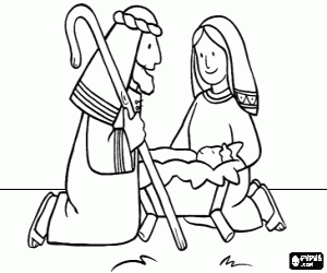 Coloriage La Sainte Famille - Joseph, la Vierge Marie et l'enfant J�sus dans la cr�che