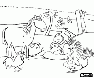 Coloriage La Vierge Marie avec son enfant J�sus avec les animaux dans l'�table