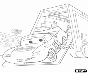 Coloriage La voiture de course Flash McQueen pour descendre du trailer vers le circuit
