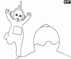 Coloriage Laa-Laa heureux en trouvant une grande balle dans la neige