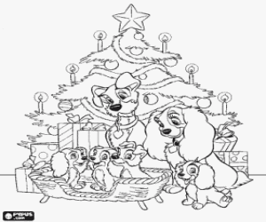 Coloriage Lady et Clochard, la Belle et le Clochard avec ses petits devant un arbre de No�l
