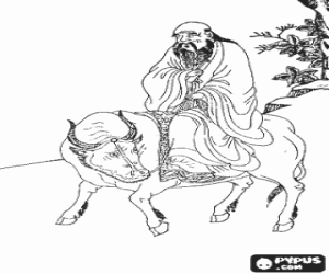 Coloriage Lao Zi or Lao-tseu, philosophee de la Chine ancienne, figure centrale du Tao�sme, mont� sur un buffle