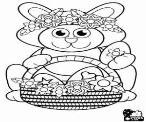 Coloriage Lapin avec des parures et un panier d'�ufs de P�ques
