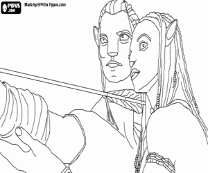Coloriage Le avatar na'vi  de Jake et Neytiri pr�t � lancer une fl�che