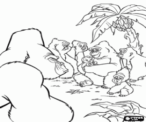 Coloriage Le b�b� Tarzan dans les bras de sa m�re adoptive, Kala le singe, avec le reste du clan et sous le regard de Kerchak, le m�le dominant
