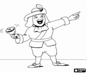 Coloriage Le bouffon, fou du roi ou fou en action devant les invit�s, avec l'aide d'une cloche