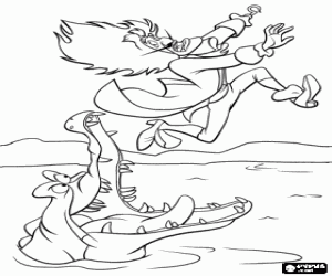 Coloriage Le capitaine Crochet tente d'�chapper � la gueule des crocodile affam�