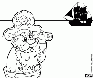 Coloriage Le capitaine du navire pirate en regardant un autre navire avec le t�lescope