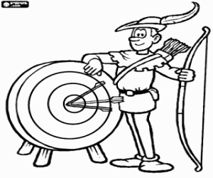 Coloriage Le c�l�bre archer Robin des Bois montrant ses prouesses � l'arc � proximit� d'une cible