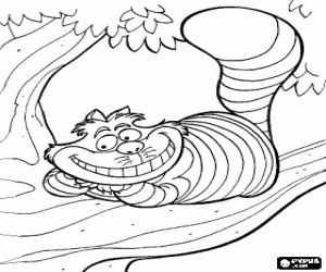 Coloriage Le Chat de Cheshire reposant sur une branche d'arbre