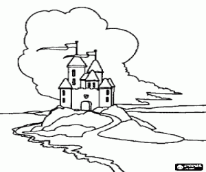 Coloriage Le ch�teau sur une colline avec des drapeaux de haut dans les tours