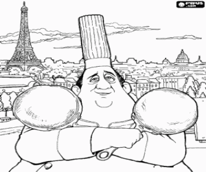 Coloriage Le chef Auguste Gusteau avec deux plateaux dans la ville de Paris avec la Tour Eiffel � l'arri�re-plan