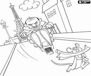 Coloriage Le chef du restaurant Gusteau, Skinner, avec la moto chassant Remy dans les rues de Paris