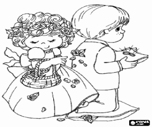 Coloriage Le Demoiselle d'Honneur en jetant des p�tales de rose et le petit enfant avec des anneaux