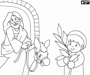 Coloriage Le dimanche des Rameaux, un enfant avec une branche de laurier avant J�sus -