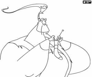 Coloriage Le grand chasseur de dragons Lian Chu pratiquer son grand amour, � tricoter