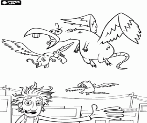 Coloriage Le jeune chercheur Flint Lockwood et une de ses inventions, les oiseaux rat