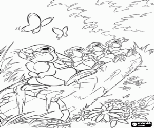 Coloriage Le lapin Pan-Pan, sa m�re et ses fr�res dans la for�t regardant des papillons