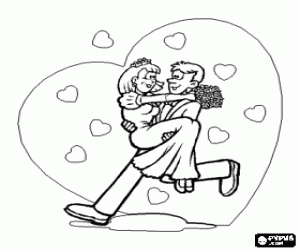 Coloriage Le mari� avec la mari�e dans les bras entre les nombreux c�urs