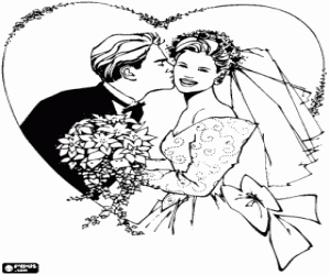 Coloriage Le mari� embrassant la mari�e apr�s le mariage dans un grand coeur