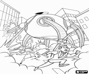 Coloriage Le Omnidroid, le robot intelligent et destructeur d�velopp� pour Syndrome dans l'action lors de la destruction de la ville