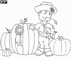 Coloriage Le paysan avec un petit cochon et leurs citrouilles, y compris le num�ro 1, la plus grande et la citrouille gagnante du concours