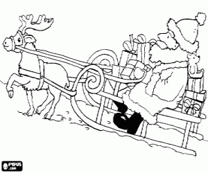 Coloriage Le P�re No�l dans son tra�neau avec un renne et charg� de pr�sents sur la neige