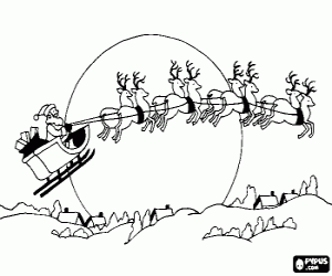 Coloriage Le P�re No�l dans son tra�neau magique tir� par des rennes volants sur le nuit de No�l 