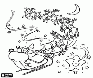 Coloriage Le P�re No�l dans son tra�neau tir� par des rennes volants magiques