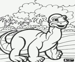 Coloriage Le petit dinosaure � pied pr�s des palmiers