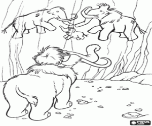 Coloriage Le petit mammouth en observant avec curiosit� les peintures rupestres sur le rocher de la grotte