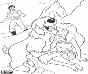 Coloriage Le prince Eric et son chien Max trouvent � Ariel, la petite sir�ne d�j� transform�e en femme, dans la plage