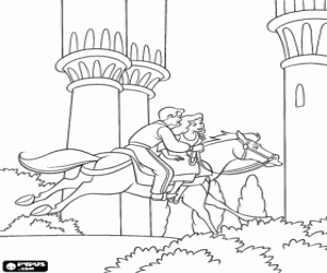 Coloriage Le Prince et Cendrillon mont� sur un cheval � travers les jardins du palais
