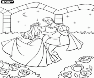 Coloriage Le prince et la princesse, Philipe et Aurore, dansant amateurs dans le jardin sous les �toiles