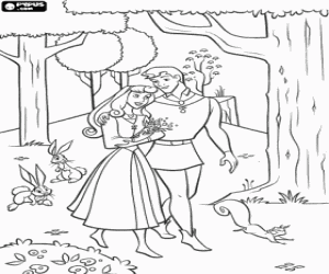 Coloriage Le prince et Rose, la Belle au bois dormant, amoureux de la randonn�e dans les bois