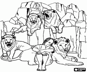 Coloriage Le proph�te Daniel dormant paisiblement dans la fosse aux lions