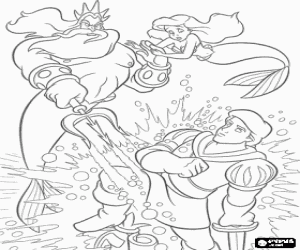 Coloriage Le Roi Triton d�truint la statue du Prince Eric en face d'Ariel