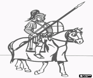 Coloriage Le soldat romain � cheval avec lance et bouclier