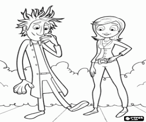 Coloriage Le timid Flint � parler avec le  belle journaliste Sam