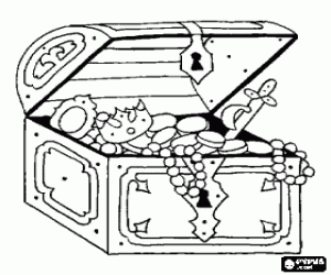 Coloriage Le tr�sor du pirate, coffre aux tr�sors pleine de bijoux et de pi�ces