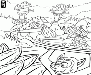 Coloriage L�muriens transportant de grands plateaux de fruits
