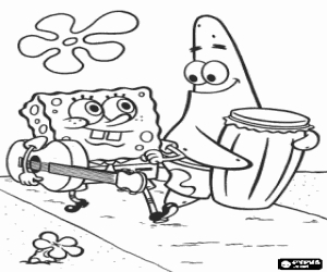 Coloriage Les Amis Bob l'�ponge et Patrick avec leurs instruments de musique: une guitare et une grosse caisse