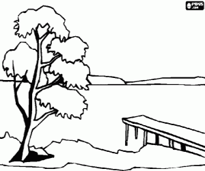 Coloriage Les eaux calmes d'un lac avec un ponton et d'un arbre � l'avant-plan