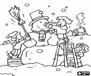 Coloriage Les enfants faisant un gros bonhomme de neige