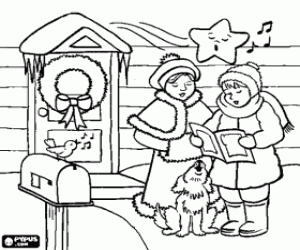 Coloriage Les filles avec son chien chantent des chants de No�l en face d'une maison