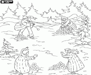 Coloriage Les fr�res et s�urs Pevensie jouant en pleine bataille de neige